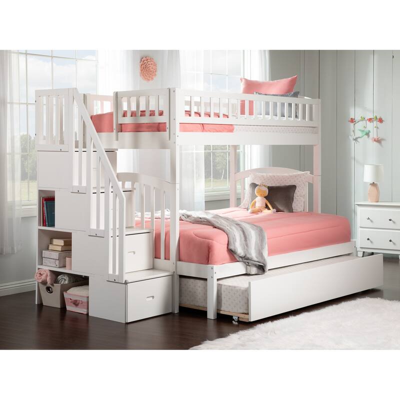 Westbrook Staircase Bunk Twin over Full with Twin Trundle in White - White - Twin