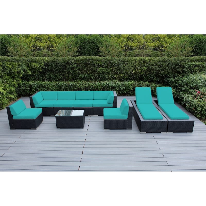 Ohana Outdoor Patio 9 Piece Black Wicker Sofa and Chaise Lounge Set - No Assembly - Turquoise