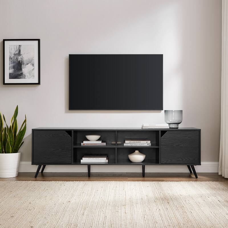 70" Minimalist TV Stand in Black with Adjustable Shelves, Open Storage & Cord Management