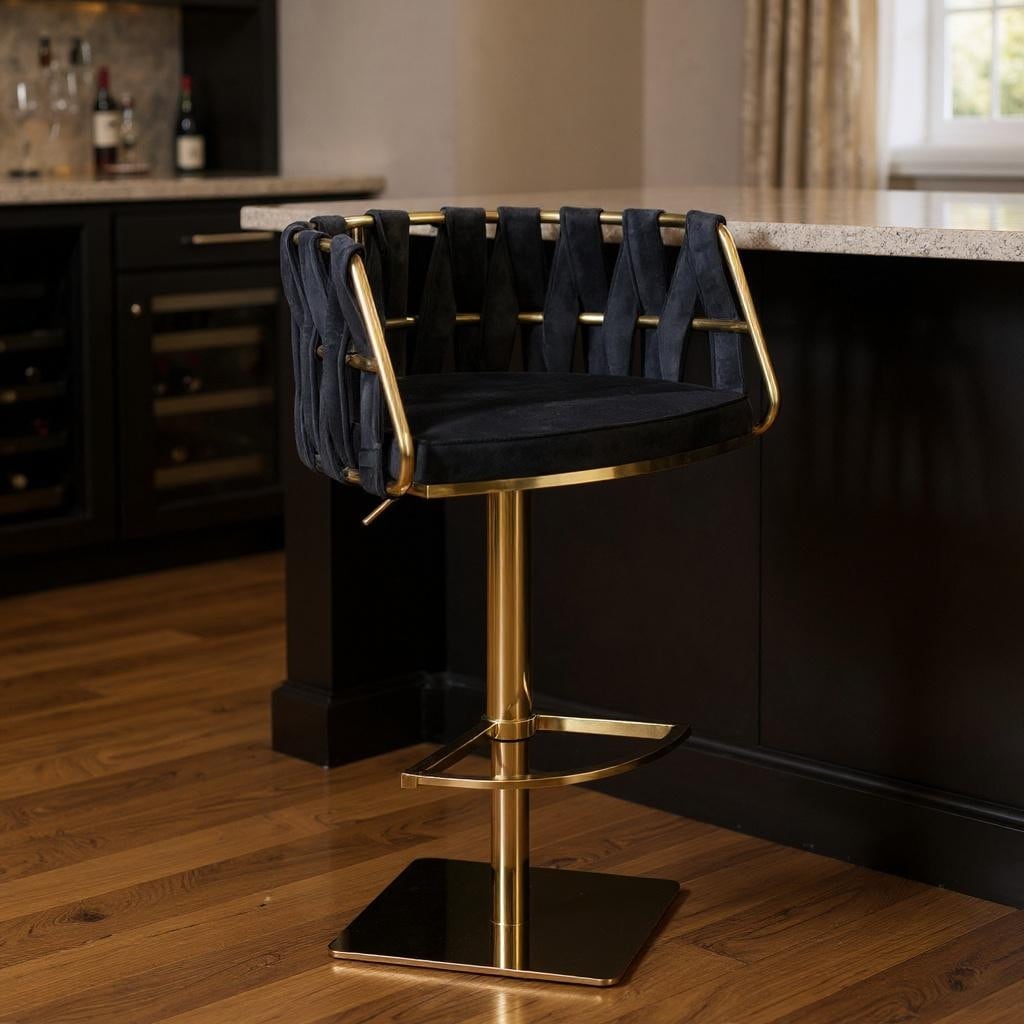 HomeRoots Black and Gold Velvet and Steel Low Back Adjustable Height Swivel Bar Chair