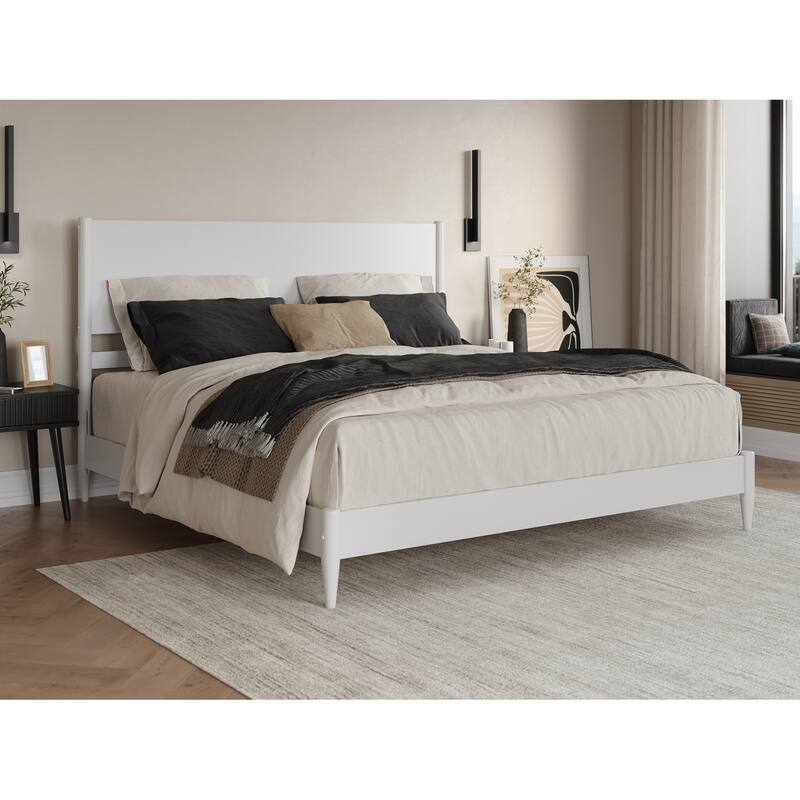King Size Solid Wood Platform Bed - Low Profile Modern Bed Frame in White Finish