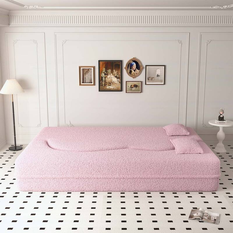 Modern Floor Sofa with 2 Pillows,Convertible Sleeper Sofa Bed - Pink-Teddy Fabric