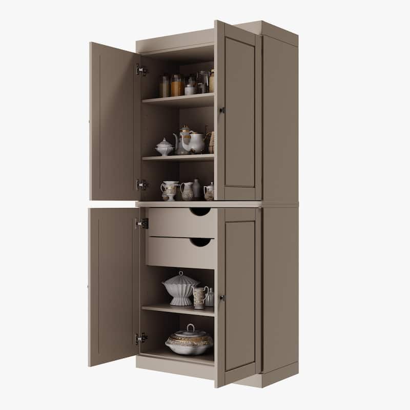Solid Wood Tall Freestanding Kitchen Pantry Cabinet with Doors & 2 Drawers, Adjustable Shelves, Modular Storage, 32" W x 71.5" H