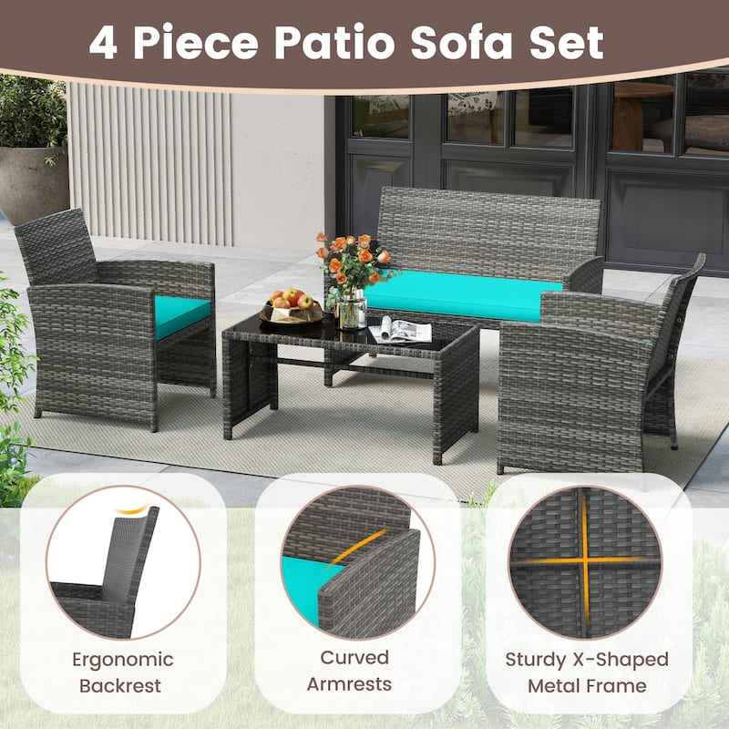 Gymax Set of 4 Patio Conversation Set w/Seat Cushions & Tempered Glass