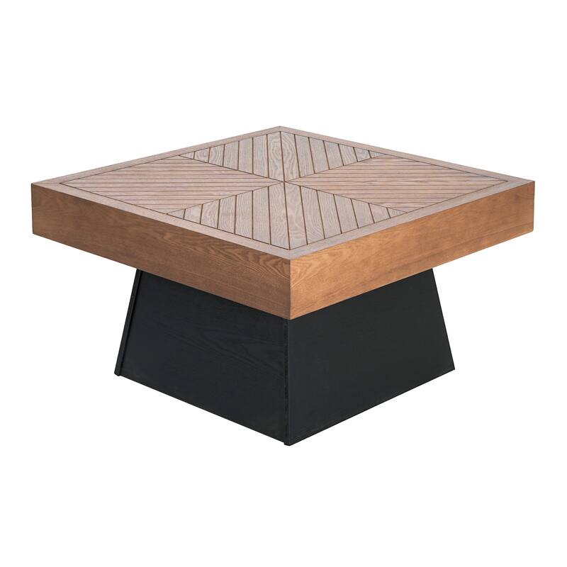 Roomfitters 31.5" Square Coffee Table, Modern Wood Grain Center Table with Parquet Sunburst Top and Tapered Black Pedestal Base
