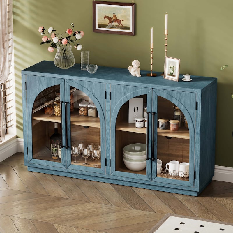 60” Farmhouse 4-Door Large Storage Vintage Sideboard with Metal Handles and Adjustable Shelves