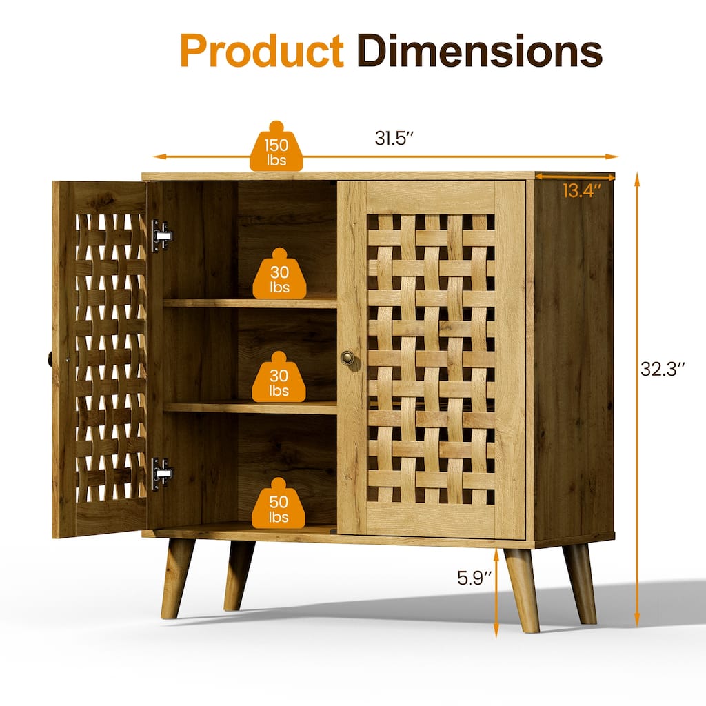 Vintage Storage Cabinet with 2 Basket Weave Wooden Doors