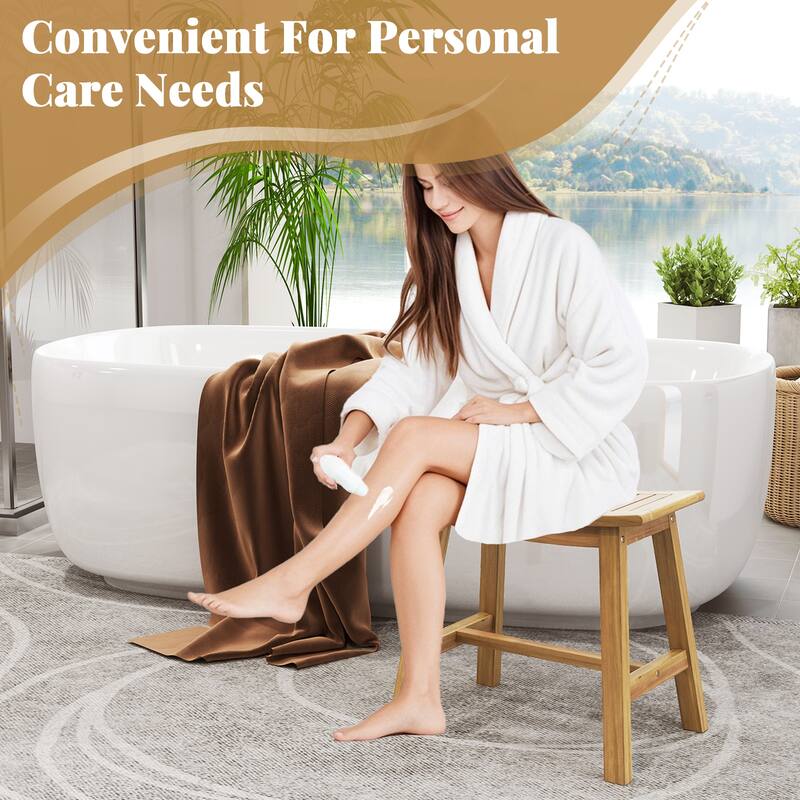 Gymax Shower Bench Teak Wood Shower Stool w/ Curved Seat Waterproof