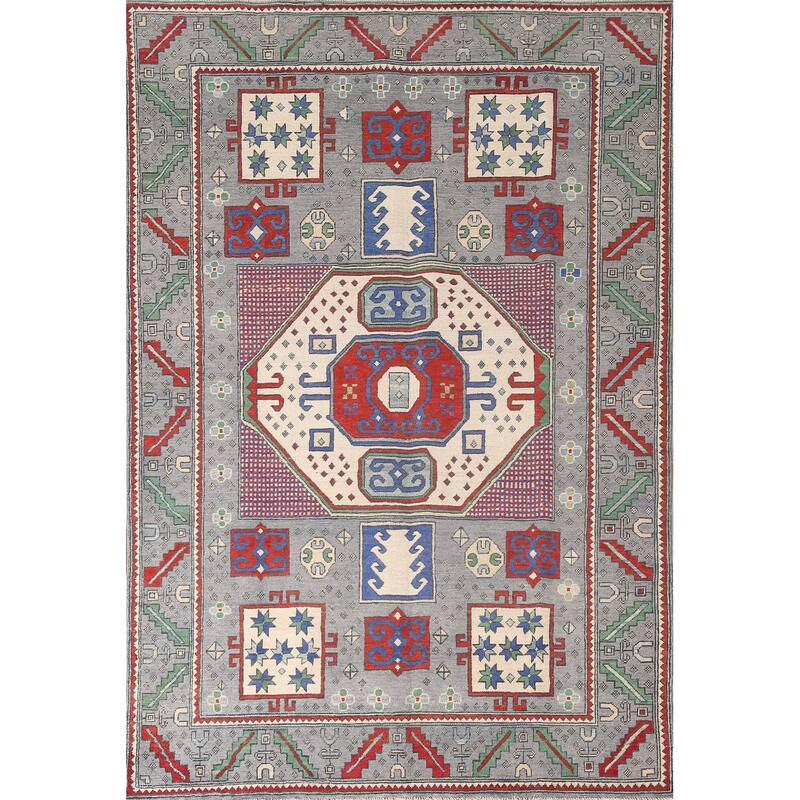 Geometric Kazak Area Rug Handmade Wool Carpet - 5'11" x 8'10"