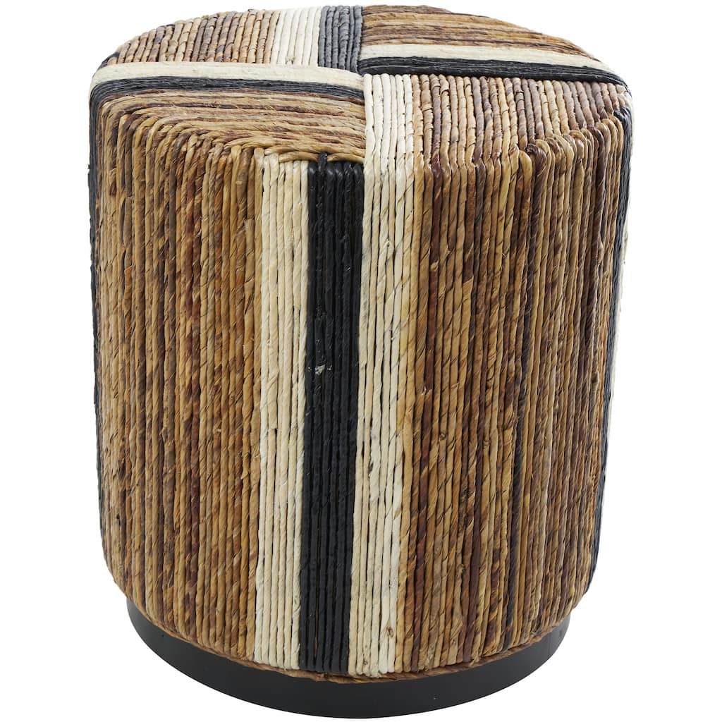 Roche River Decor - Banana Leaf Drum Handmade Linear Wrapped Accent Table with Cream and Black Stripes - Brown
