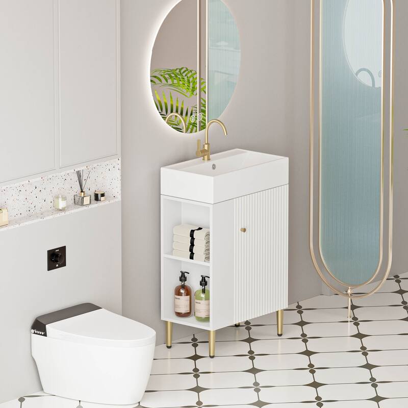 21.6" Open-Shelving Bathroom Vanity with Ceramic Sink and Cabinet