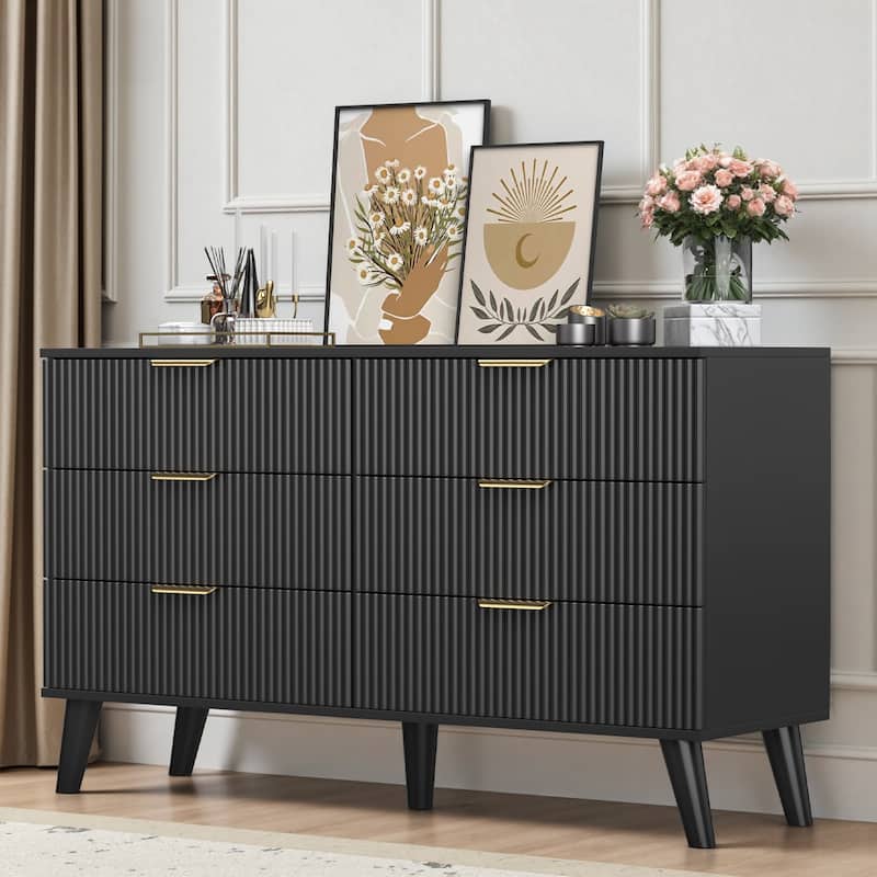 Meyreso Modern Boho Wave Wood Dresser, Wide Storage Cabinet - Black - 6-drawer