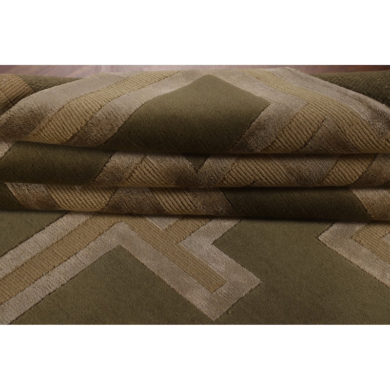 Green Geometric Nepalese Modern Area Rug Hand-Knotted Wool Carpet - 9'0" x 11'9"