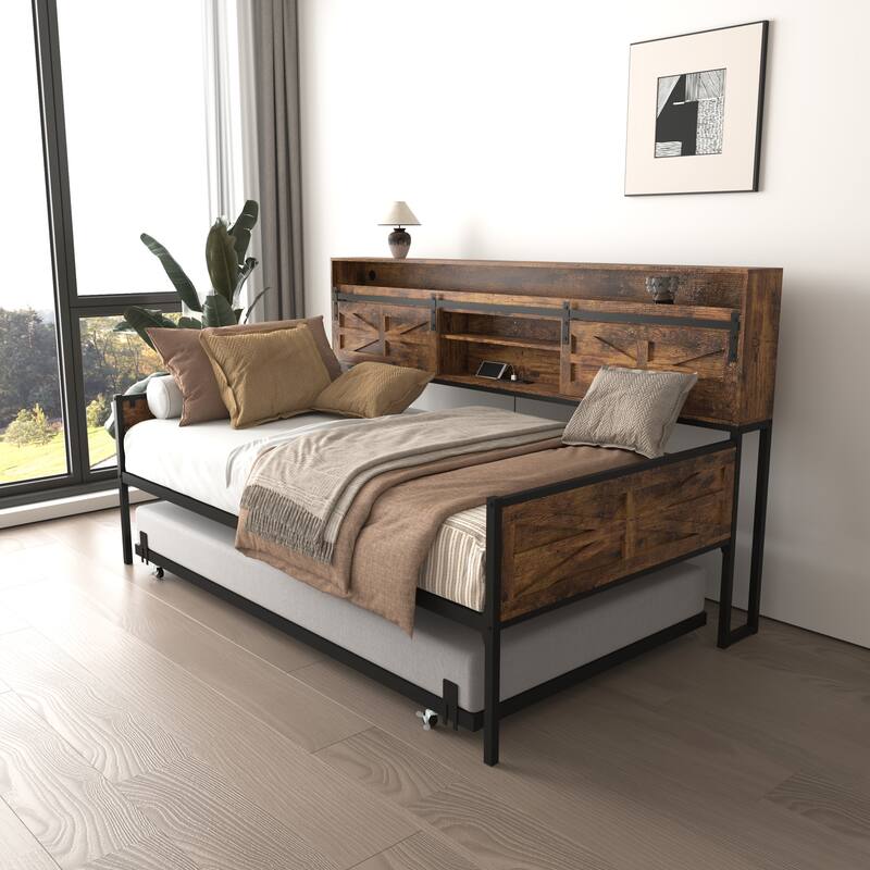 Farmhouse Twin Daybed with Trundle, Heavy Duty Metal Sofa Bed Frame with LED Headboard, Sliding Barn Door and Charging Station