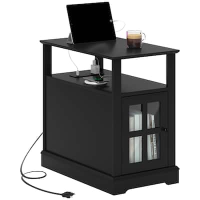 End Table with Charging Station, Narrow Side Table with USB Ports and Outlets, Small Table with Hidden Storage and Open Shelf