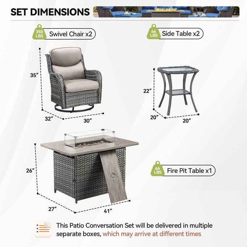 Outdoor Gliders Chairs with Fire Pit Table with 5-Inch Thick Cushions