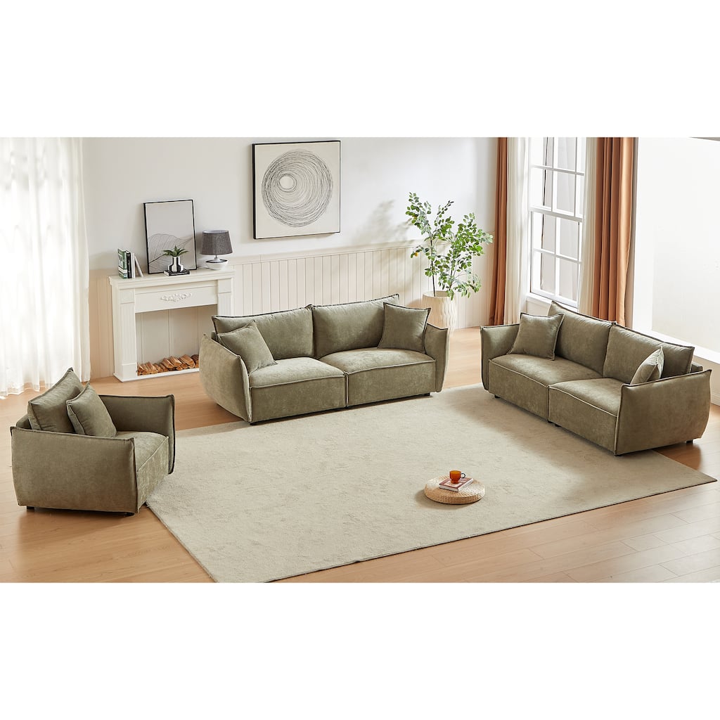 3-Piece Linen Modular Sofa Set (3+3+1) with Wood Frame & 5 Pillows