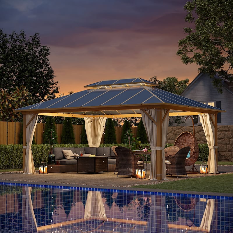 EROMMY Hardtop Gazebo, Waterproof Aluminum Pavilion with Netting & Curtains for Patio, Garden