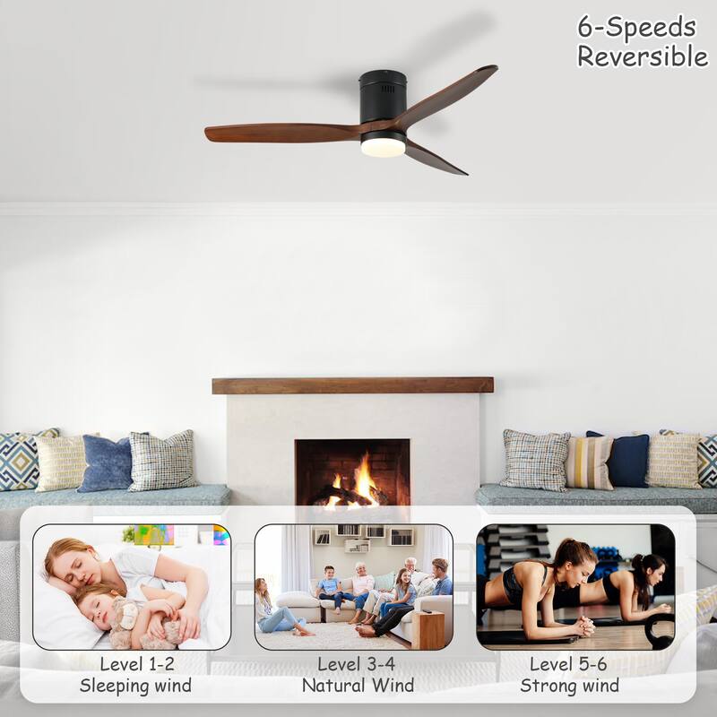 52 Inch Ceiling Fan with Light, 3 Dark Walnut Solid Wood Blades,Remote Control,6-speed Reversible DC Motor - Black + Dark Walnut