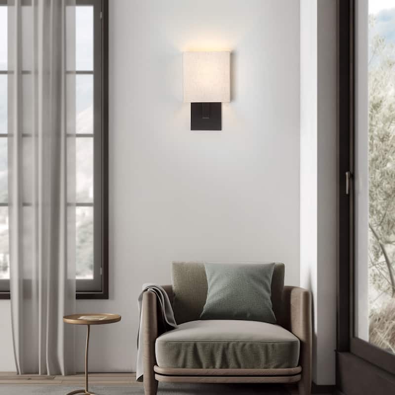 12in H Dark Bronze Wall Sconce Light With Oatmeal Fabric Shade