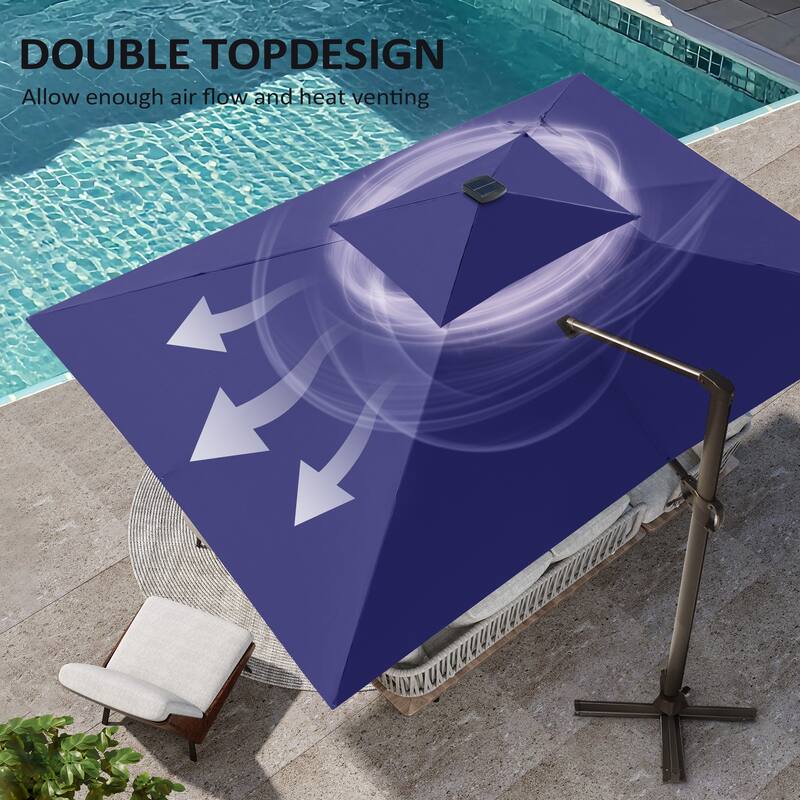 9 X 11 FT Outdoor Patio Cantilever Umbrella with Solar Lights Rod Wheel Base Double Canopy 360 Rotation Tilt