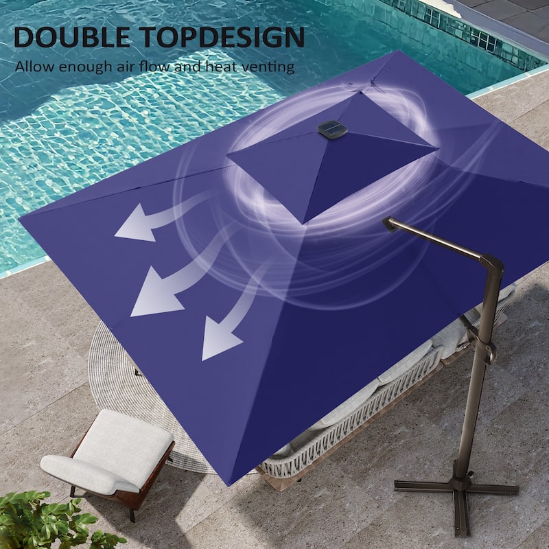 Pellebant 9x11 FT Outdoor Patio Double Top Cantilever Umbrella Solar LED Lighted with Rod Base