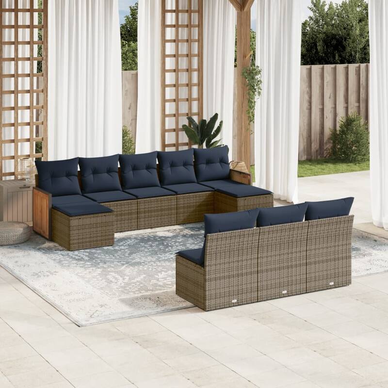 vidaXL 10/11 Piece Patio Sofa Set with Cushions Black/Gray Poly Rattan - 21.7 x 24.4 x 27.2 - Gray Without table