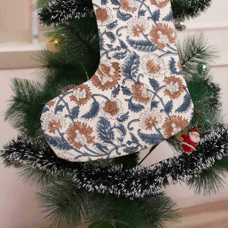 Fabdivine 16x6.5 Inches Hand Floral Block Print Christmas Stockings Tassle and Loop Perfect for Gift - 16"X6.5"