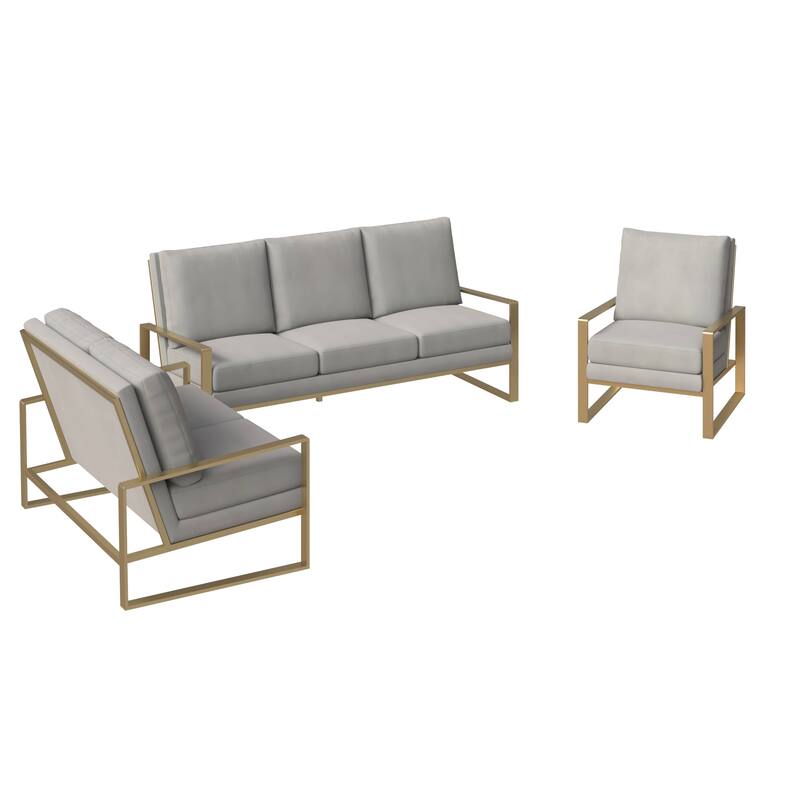 LeisureMod Modern 3-Piece Upholstered Velvet Sofa Set - Includes Sofa, Loveseat & Accent Chair for Home Office Living & Bed Room - Light Grey