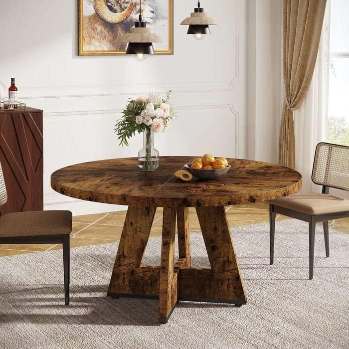 Farmhouse Retro Oak Round 47 Inch Wooden Kitchen Dining Table for 4 People - 47.25"D x 47.25"W x 29.5"H