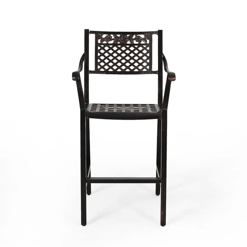Roomfitters 2-Piece Outdoor Metal Bar Stools, Antique Bronze Cast Aluminum Patio High Dining Chairs with Floral Lattice, Black