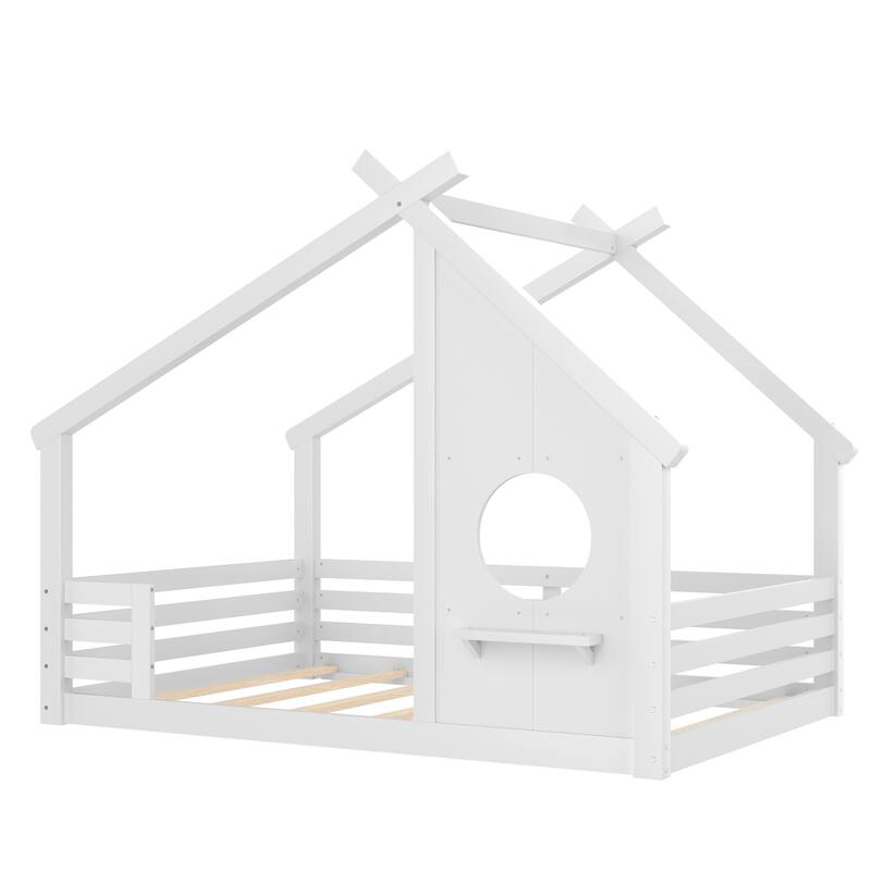 Wooden House Floor Bed, Modern Kids Montessori Playhouse Bed Frame with Window and Roof