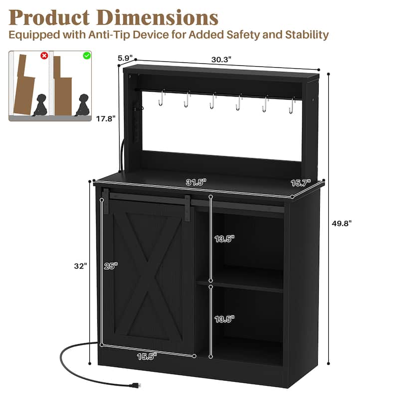 Farmhouse Wine Bar Cabinet with Barn Door & Charging Station,Sturdy Buffet Coffee Bar Cabinet with LED Lights & Hutch