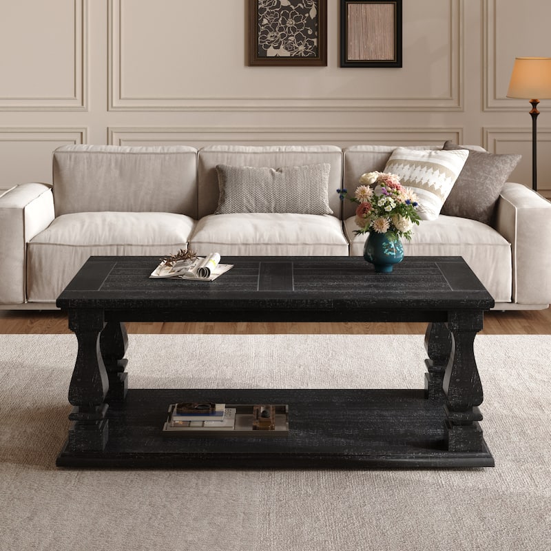 47" Black Farmhouse Coffee Table with Heavy Planked Top and Storage Shelf - Black