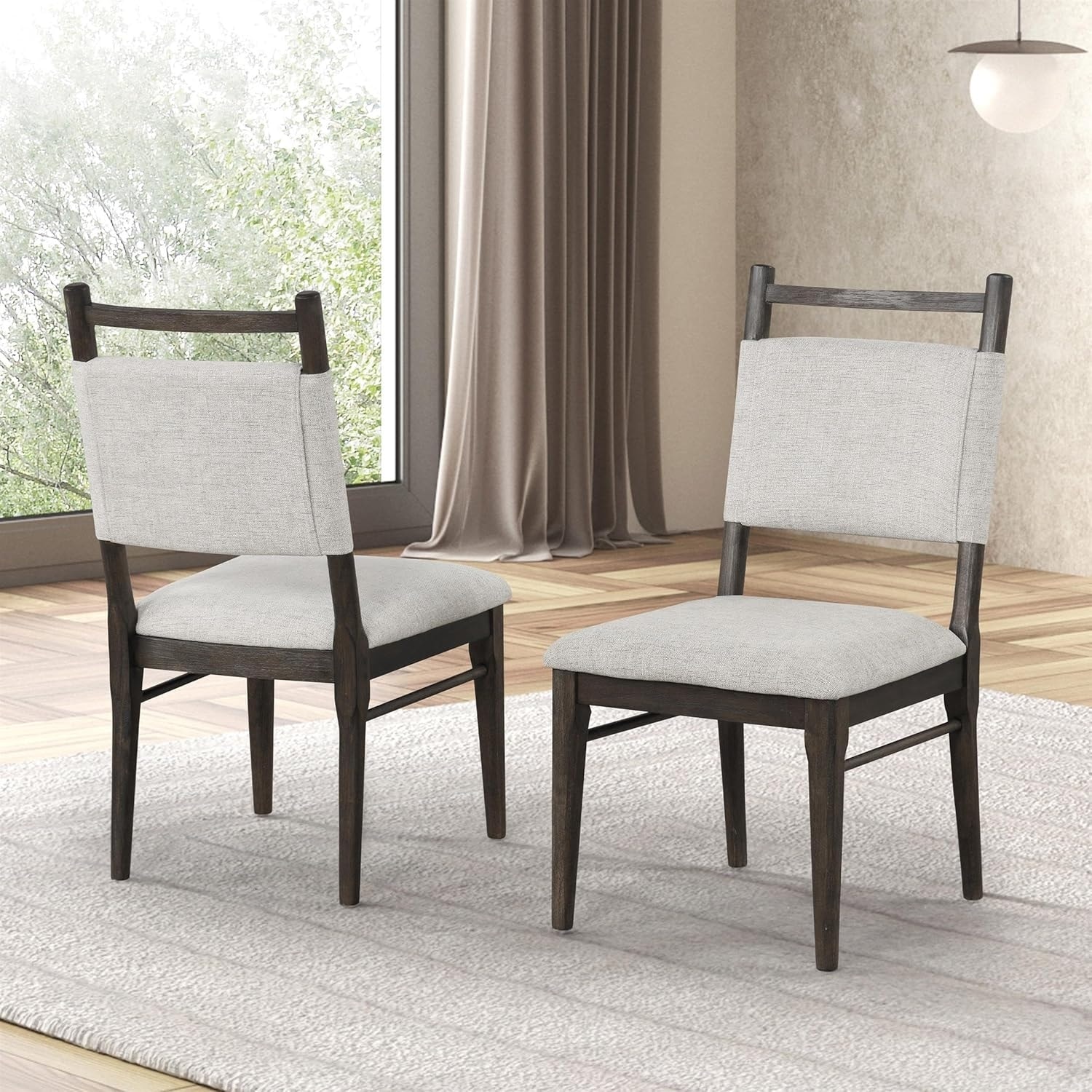 Modern Upholstered Side Chairs Set Dark Walnut Finish