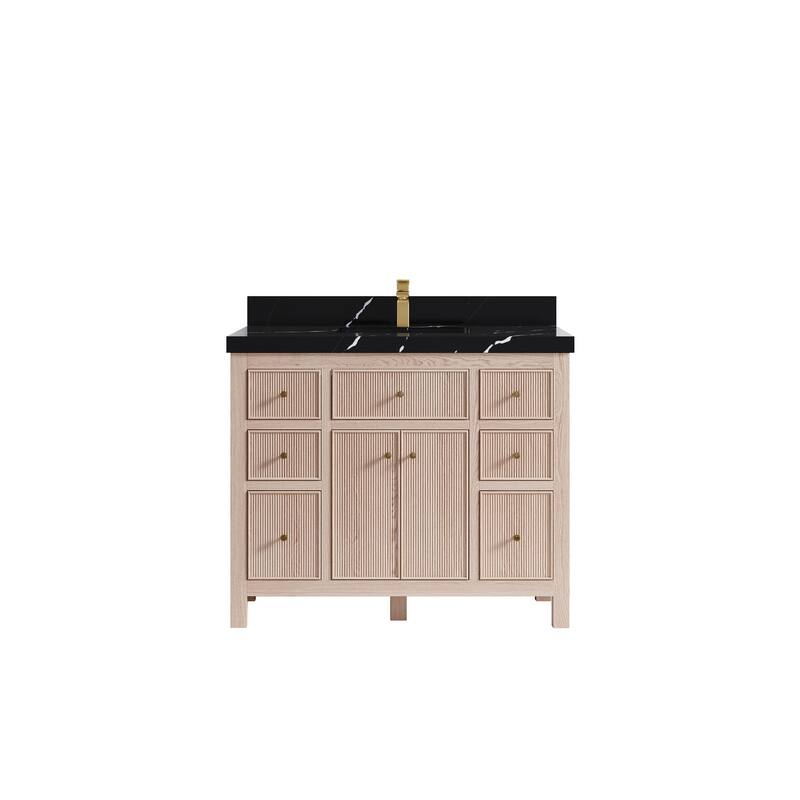 Willow Collections 42 x 22 Sonoma White Oak Wood Single Sink Bathroom Vanity with Quartz or Marble Countertop - 2"Calacatta Black - White Oak