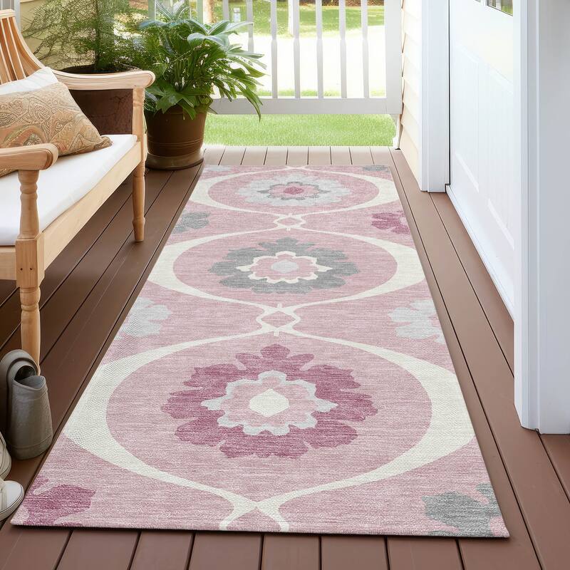 Machine Washable Indoor/ Outdoor Chantille Floral Geo Rug - Pink - 2'3" x 7'6"