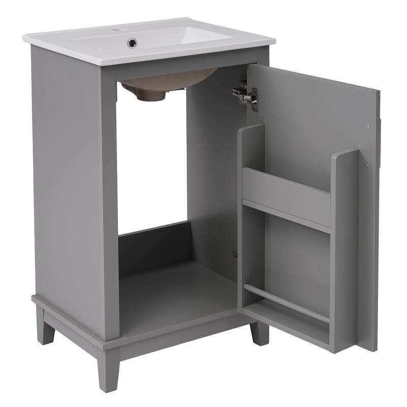 20" Modern Small Bathroom Vanity Cabinet With Ceramic Basin - 20"*15.5"*33.3", Ample Storage, 1 Soft-Close Door