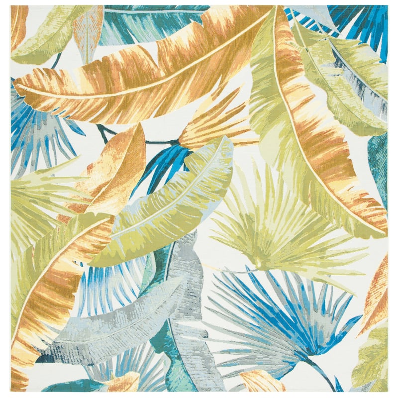 SAFAVIEH Barbados Ehrentrud Tropical Indoor/ Outdoor Waterproof Patio Backyard Rug - 6'6" Square - Gold/Green