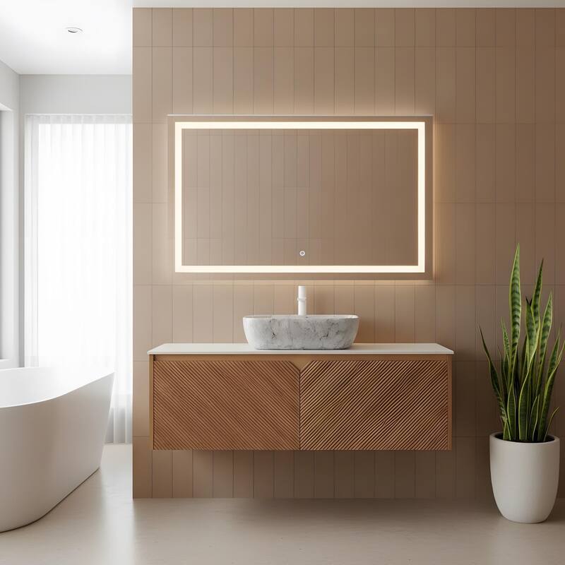 Wall-mounted Bathroom Vanity with Rectangular Vessel Basin - 48 - Brown Oak+Stone Gray