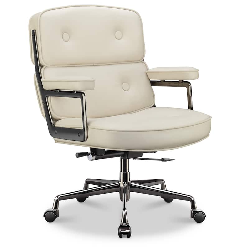 Lobby Lumbar Support Height Adjustable Leather Ergonomic Office Chair - Beige&Black Chrome