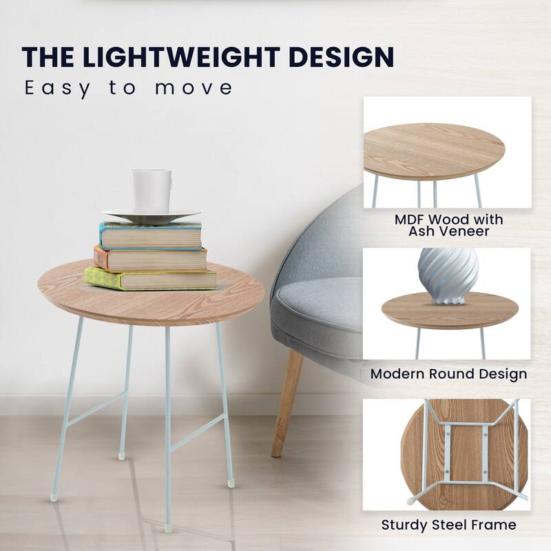 Rossmore Round Side Table MDF Wood Tabletop and White Stainless Steel Frame Accent End Tables