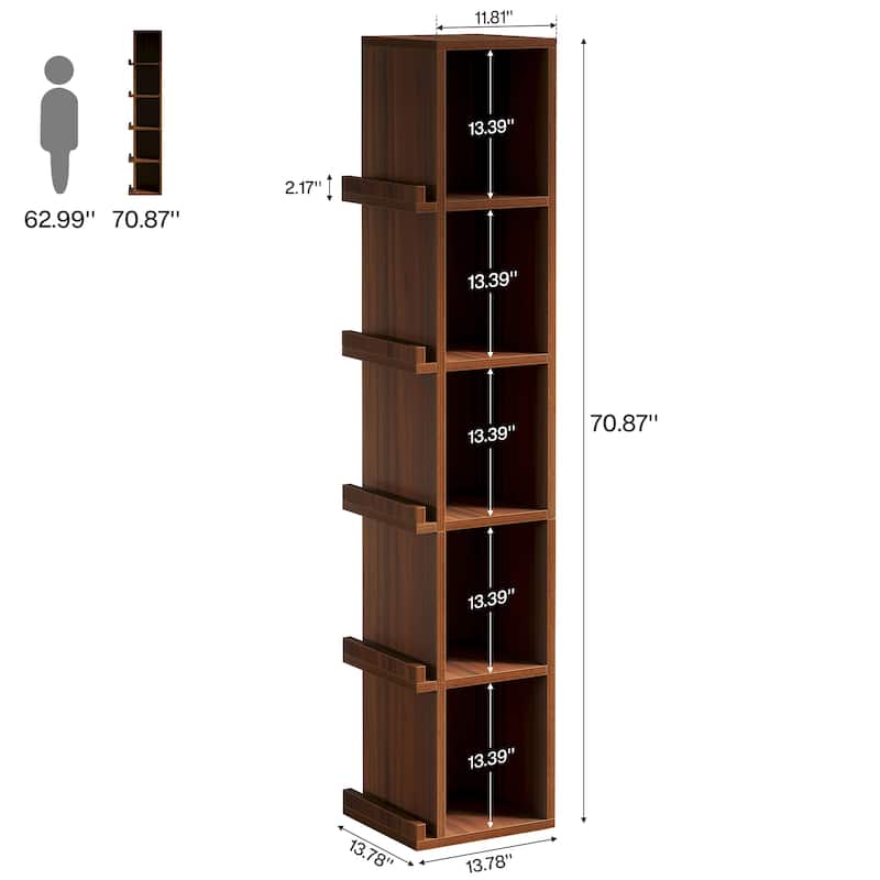 5-tier Tall Narrow Bookcase Cube Bookshelf with Side Storage - 11.8"D x 13.8"W x 70.9"H