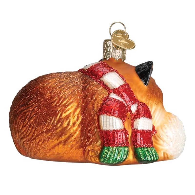 Cozy Fox in Red Scarf Christmas Holiday Ornament Blown Glass - Multi
