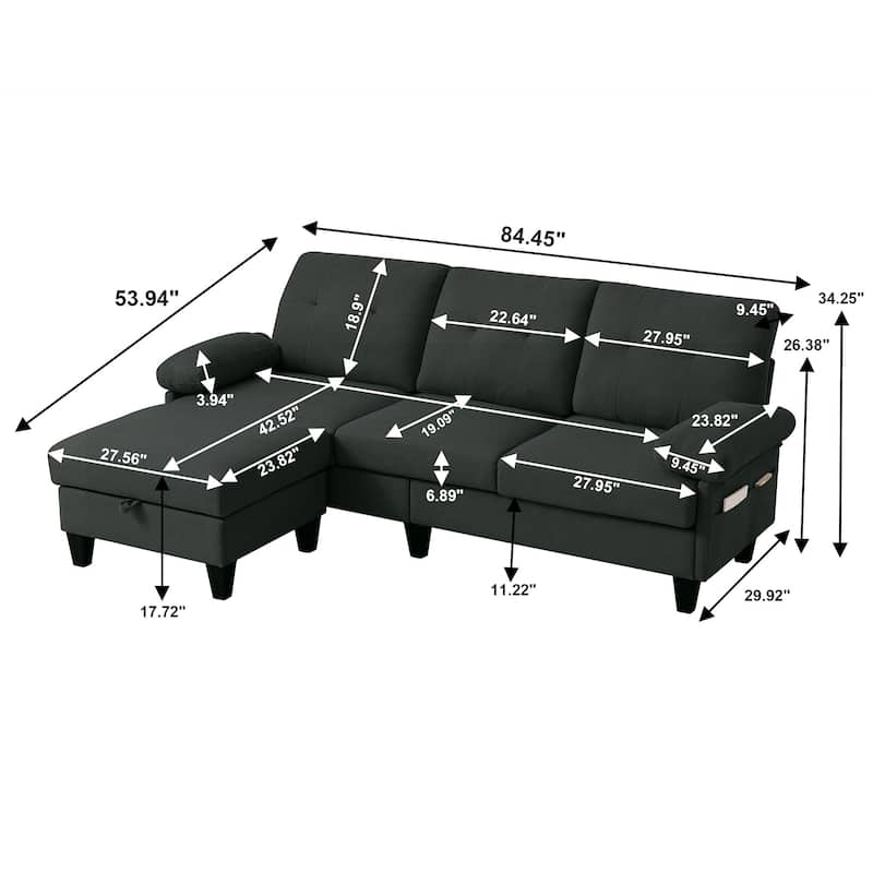 84.45" Wide Sectional Sofa with Ottoman & Side Storage Bags