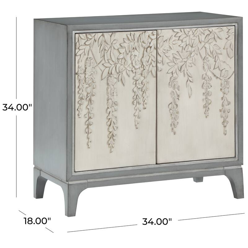 Wooden Floral Relief 2 Door Cabinet with Cream Front Doors and Cascading Leaf Design - Gray - Roche River Decor