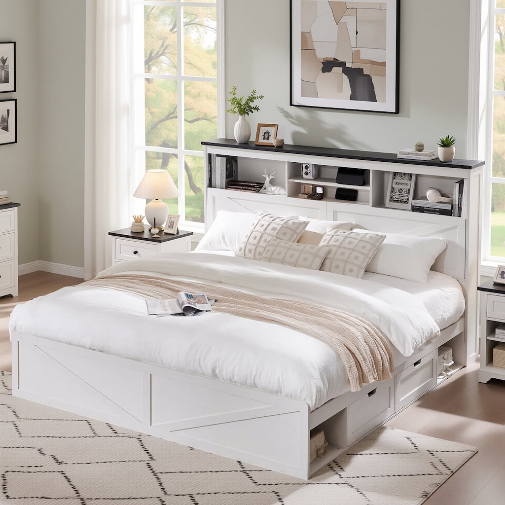 Farmhouse King Size Wood Bed Frame with Storage Headboard and Drawers