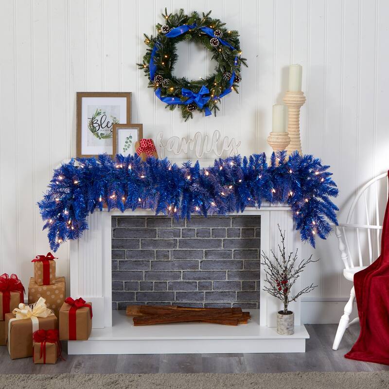 Blue Christmas Garland 6ft with Warm White LED Lights - Holiday Decor - 72