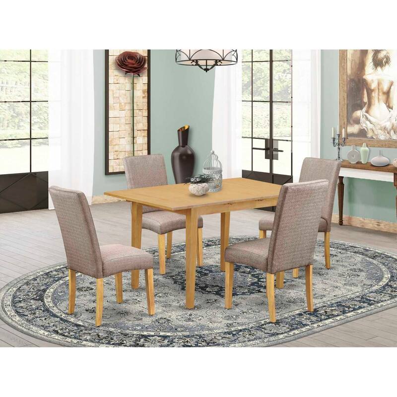 Vintage Dinette Set - 5Pc Rectangle Table & 4 Parson Chairs - Oak Finish, Linen Fabric