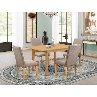 Vintage Dinette Set - 5Pc Rectangle Table & 4 Parson Chairs - Oak Finish, Linen Fabric